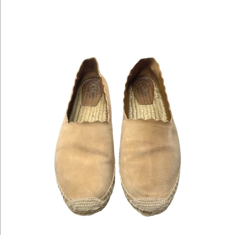 Chloe | Lauren Suede Espadrille Scalloped Flats in Neutral Beige 38